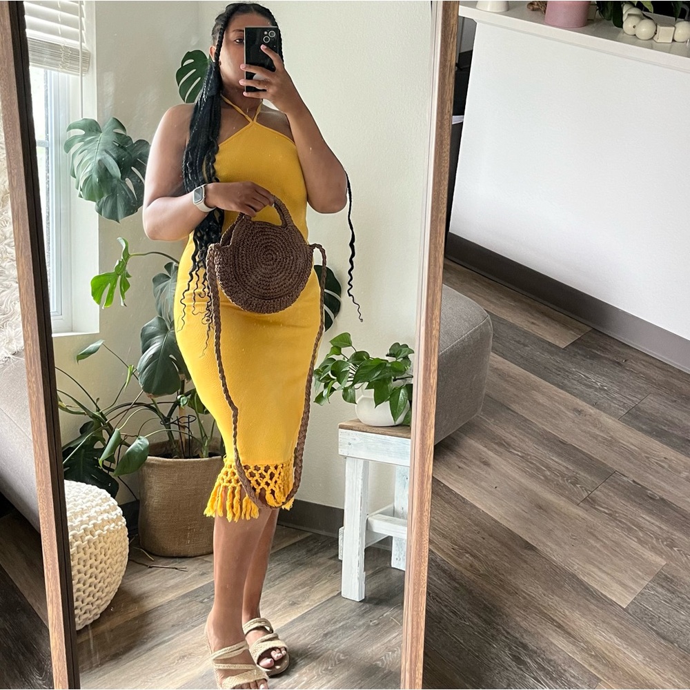 Marigold Yellow Halter Top Dress with Tassel Bottom Hem